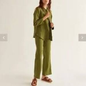 Linen top and Earle pants by Lykke Wullf—kelp color